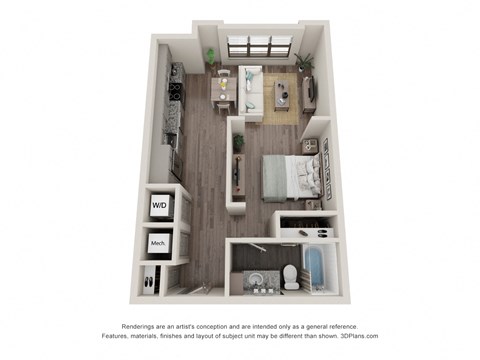 Floor plan for studio, 1 bath, 563 sqft